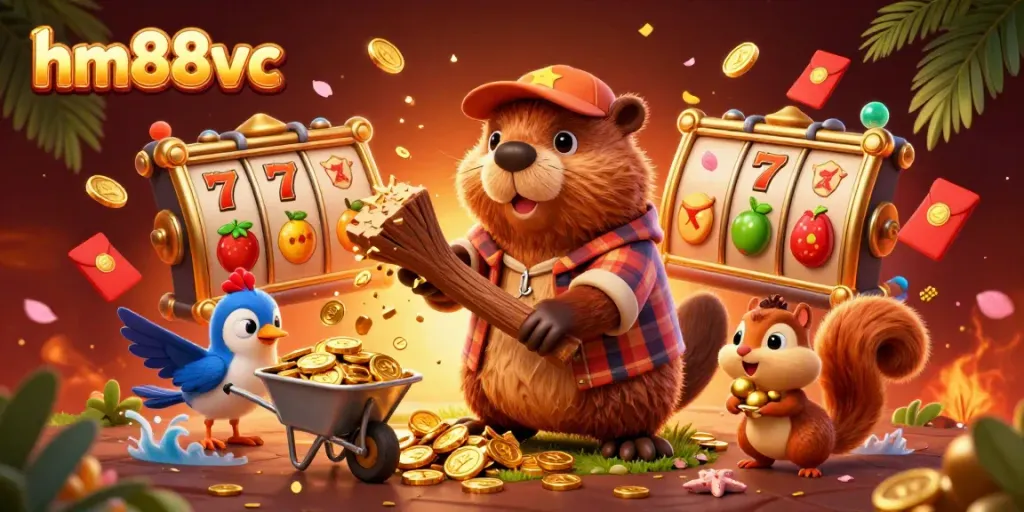 Engage in thrilling slots action at hm88vc, featuring vibrant characters collecting golden coins.