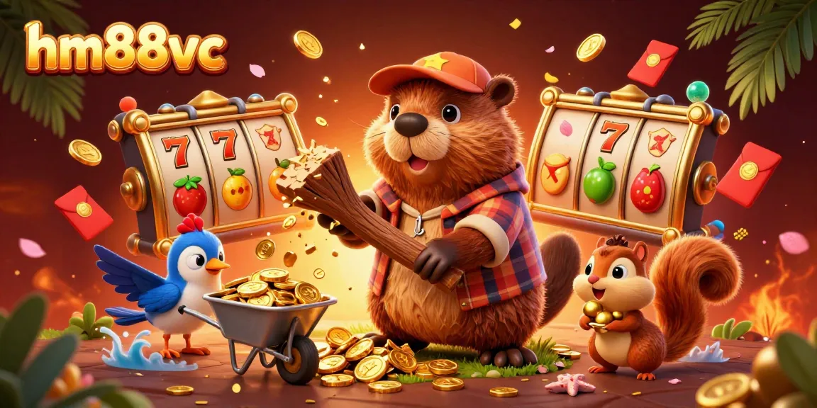 Engage in thrilling slots action at hm88vc, featuring vibrant characters collecting golden coins.
