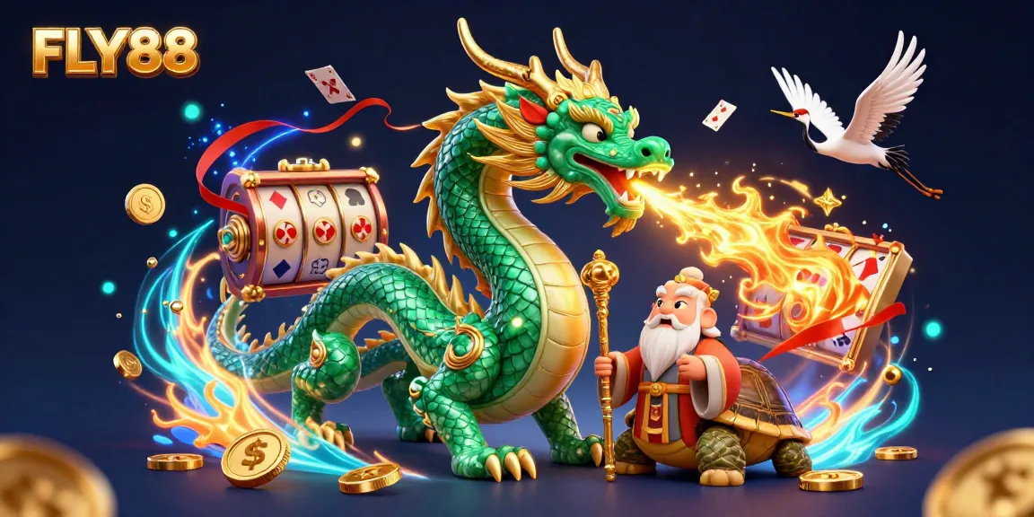 Experience the thrill of FLY88 with a dynamic illustration featuring a jade dragon, turtle sage, and vibrant casino elements.