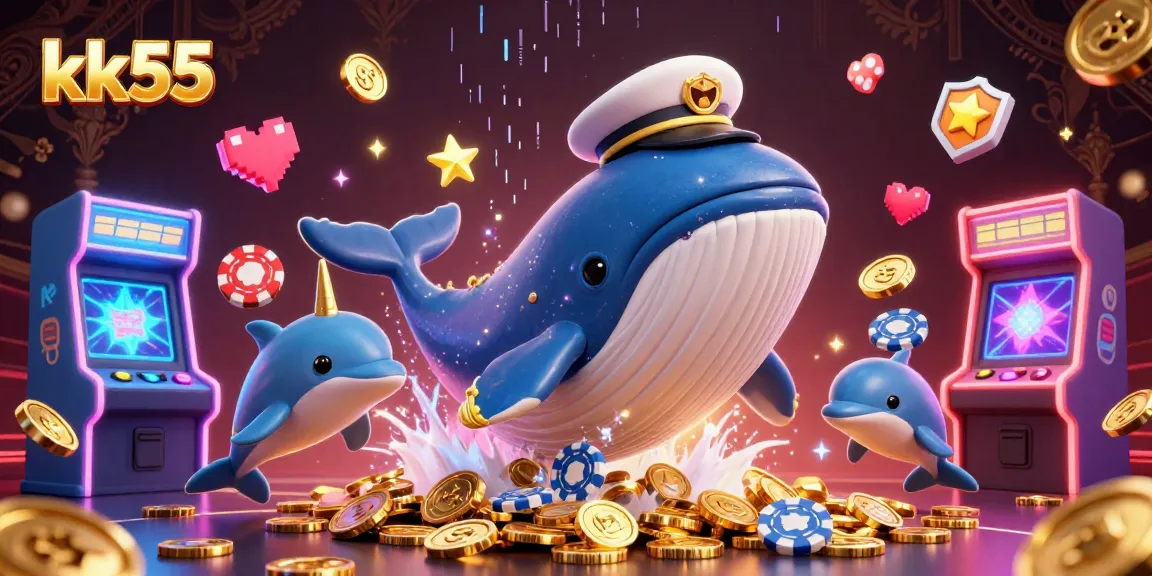 Experience the dynamic fun at KK55 where a whale, narwhal, and dolphins play among casino elements.