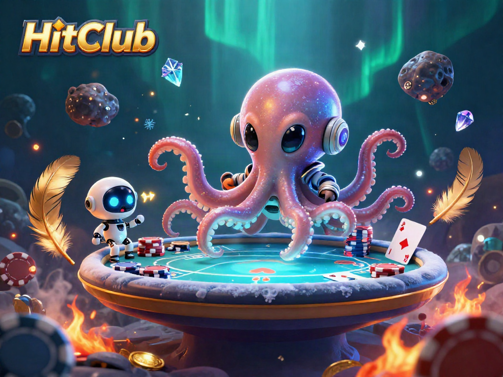 HitClub poker table illustration featuring an alien octopus and robot, inviting players to join the gaming experience