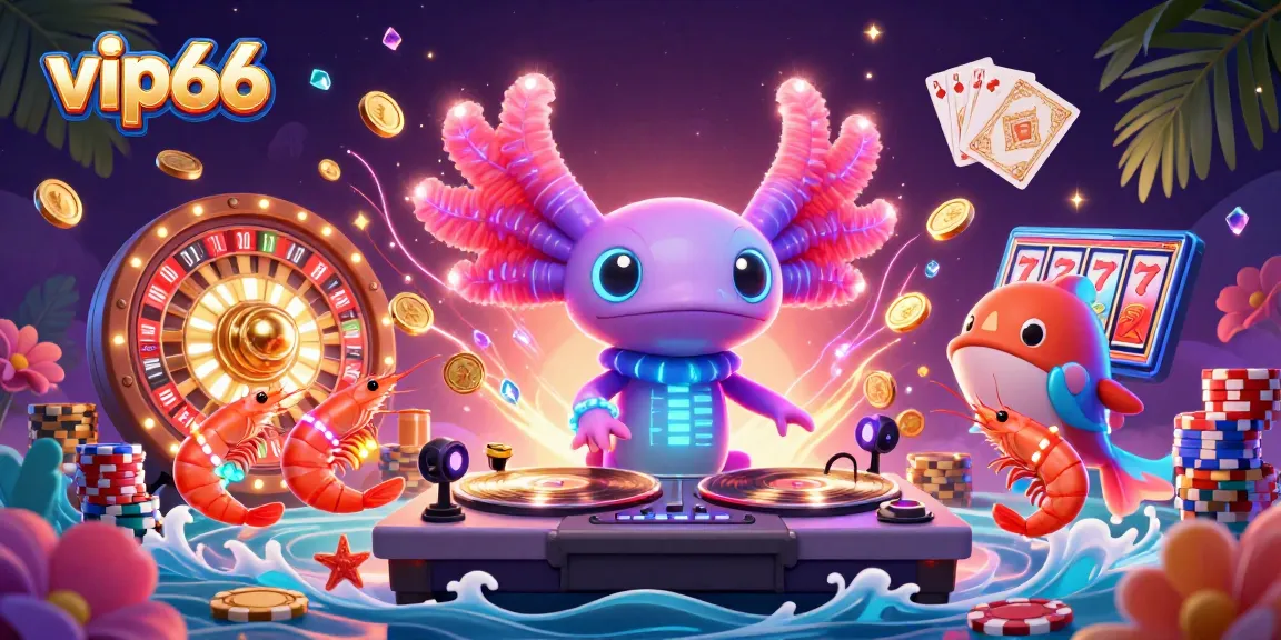 Experience vibrant gaming with vip66, featuring neon axolotl DJ, coins, and roulette action in a colorful 3D scene.