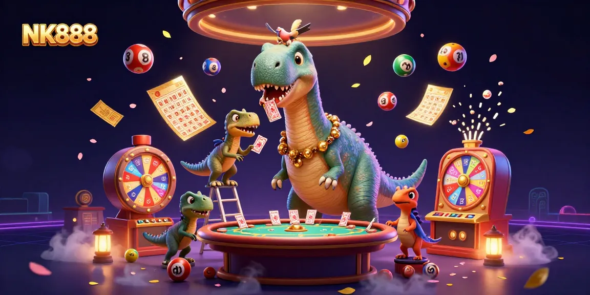 Watch the NK888 dinosaur-themed casino scene with raptor dealers and vibrant lottery elements.