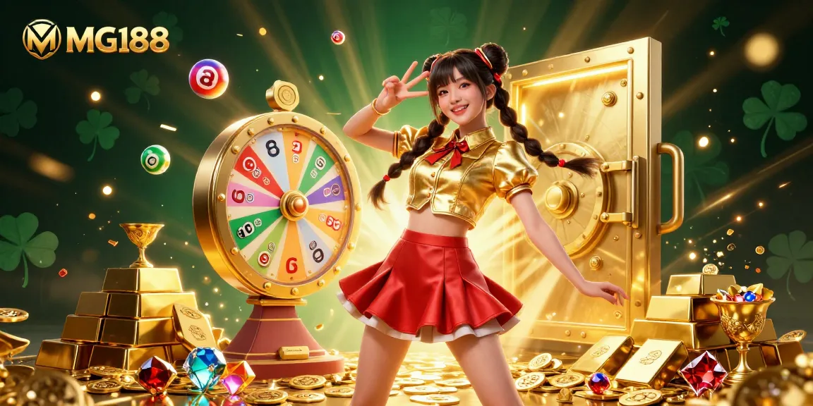 Engage with MG188's vibrant casino scene showcasing a lucky lottery win with colorful elements and a stunning character.