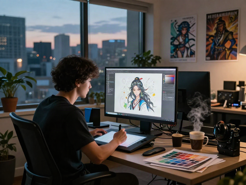 Creative artist working on nsfw ai illustrations in a vibrant digital studio with city views.