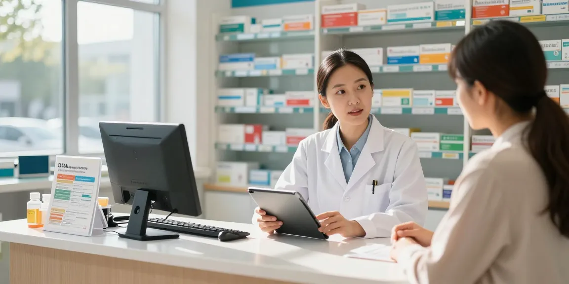 DHA license information lookup in a modern pharmacy, pharmacist assisting a patient.