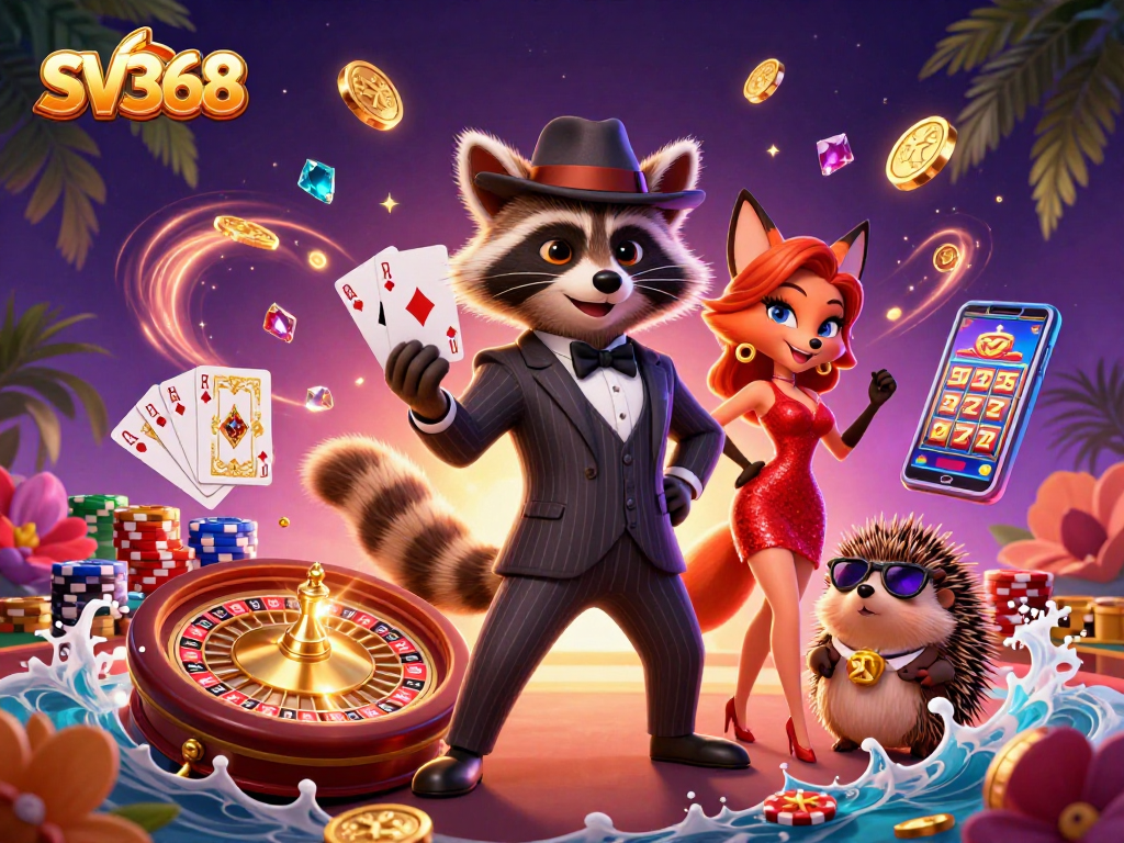 Experience thrilling gameplay with SV368 featuring a suave raccoon and a dazzling fox in a vibrant casino scene