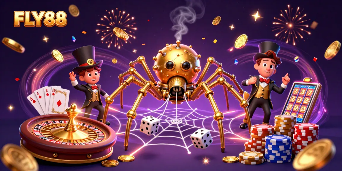 Catch luck at FLY88 with a steampunk spider wrapping dice in a casino scene.