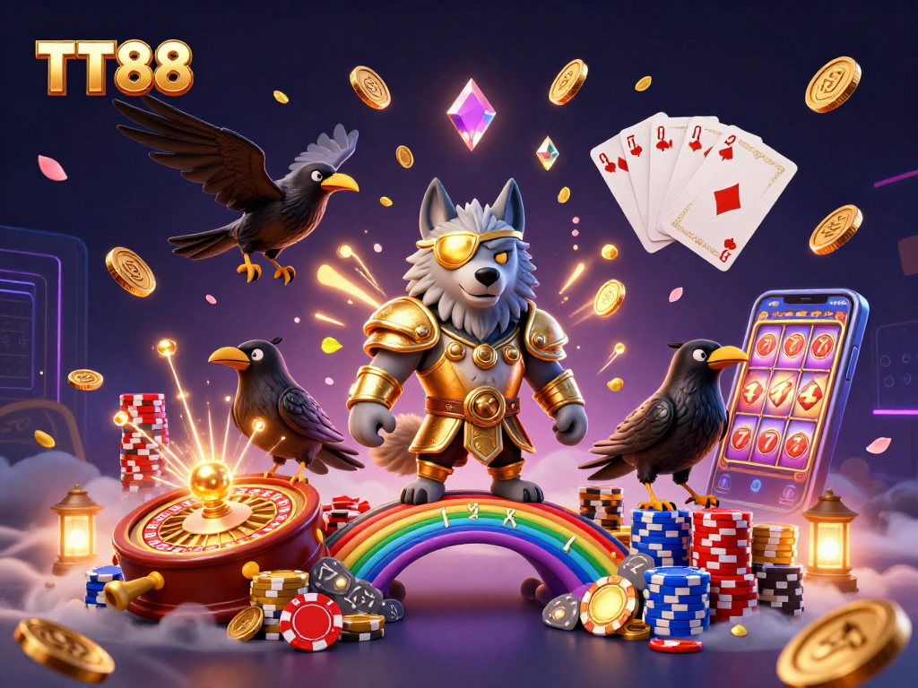 Experience TT88's immersive gaming world with Odin and ravens, celebrating wins and excitement.