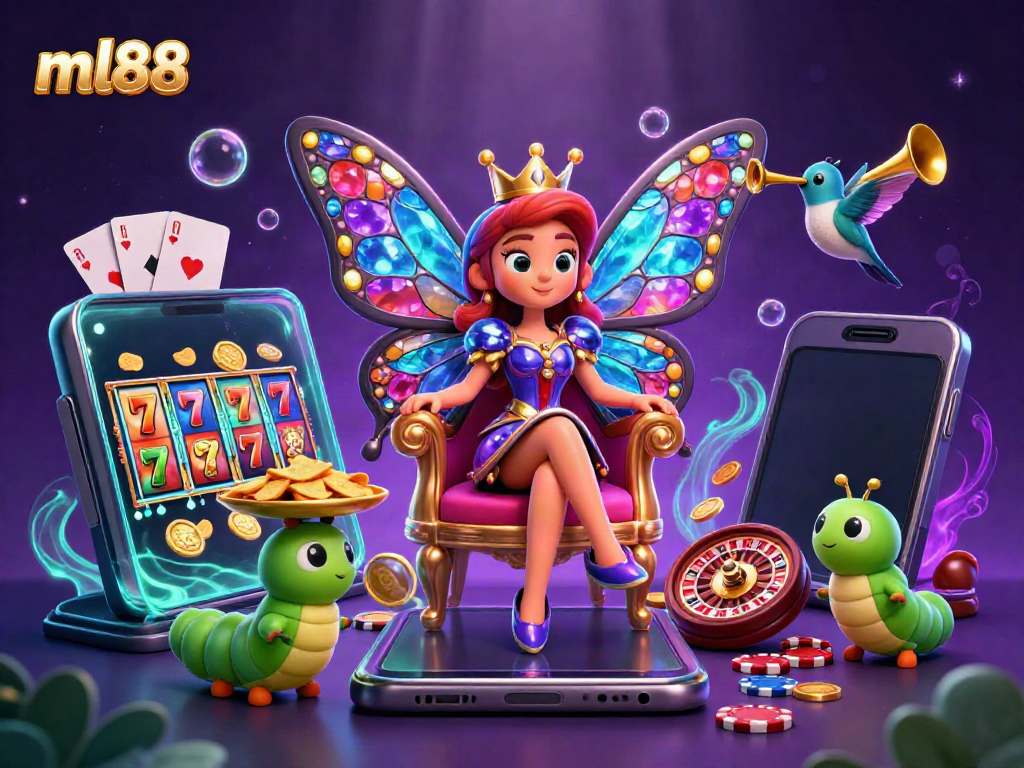 Enjoy the vibrant ml88 environment filled with a cartoon queen and slot games as players spin for jackpots.