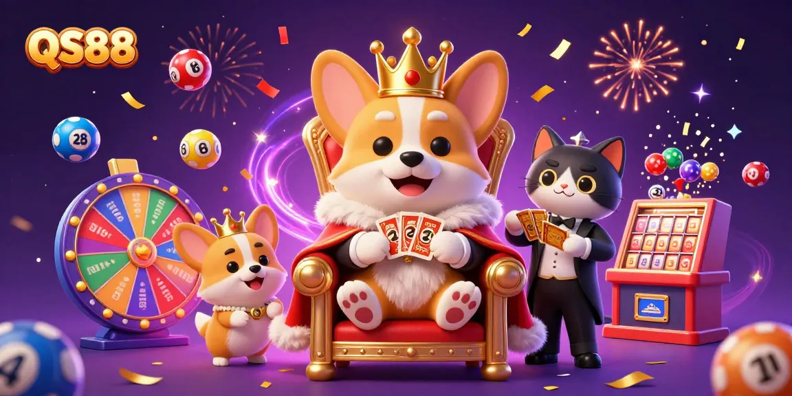 Experience thrilling gameplay at QS88 with a royal corgi and vibrant casino elements.