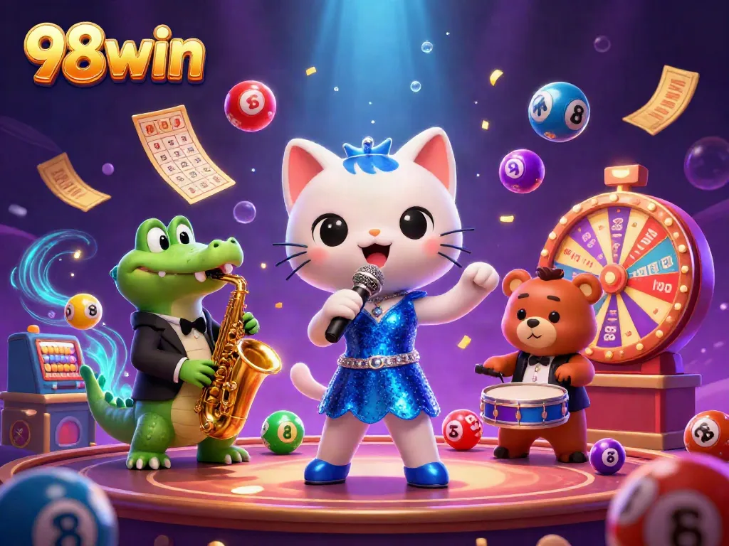 Engage in thrilling 98win casino games with vibrant characters and dynamic lottery elements.