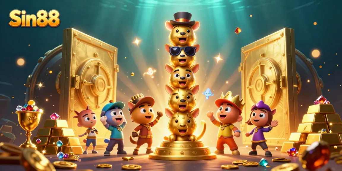 Experience exhilarating wins at Sin88 with vibrant 3D casino-themed artwork showcasing casino games and treasures.