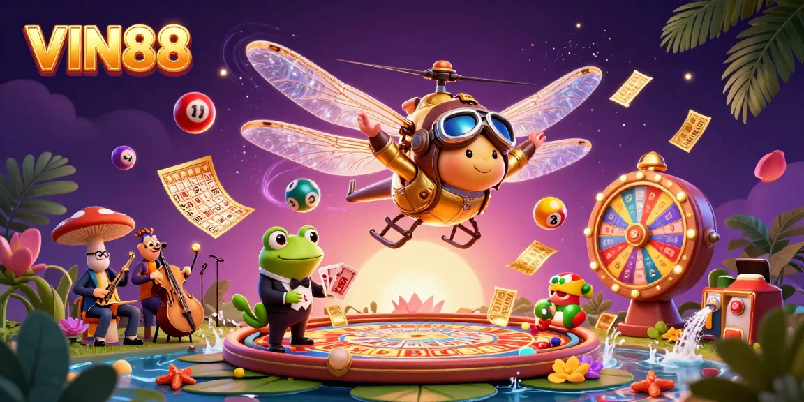 Experience the vibrant world of gambling at VIN88, with a dragonfly pilot, a frog croupier, and lively casino elements.