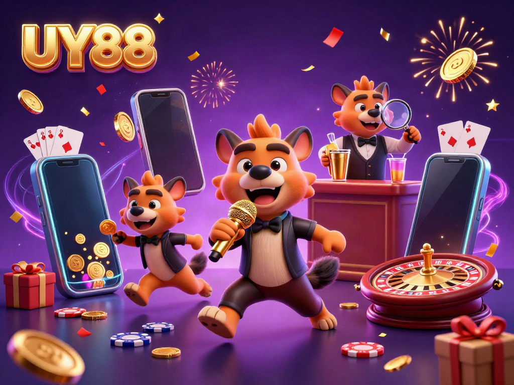 Entertainment scene featuring UY88 with hyenas in a casino club showcasing humor, drinks, and gaming