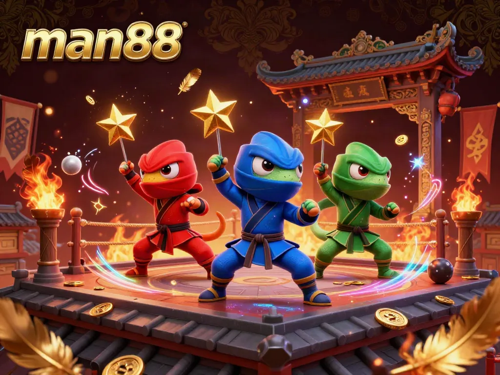 Experience high-energy action with man88 as ninja chameleons engage in synchronized martial arts amidst a vibrant casino backdrop.