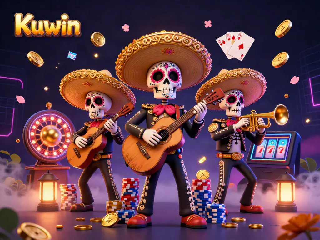 Kuwin promotes excitement with a vibrant mariachi band in a casino-themed atmosphere, featuring gold coins and playing cards.