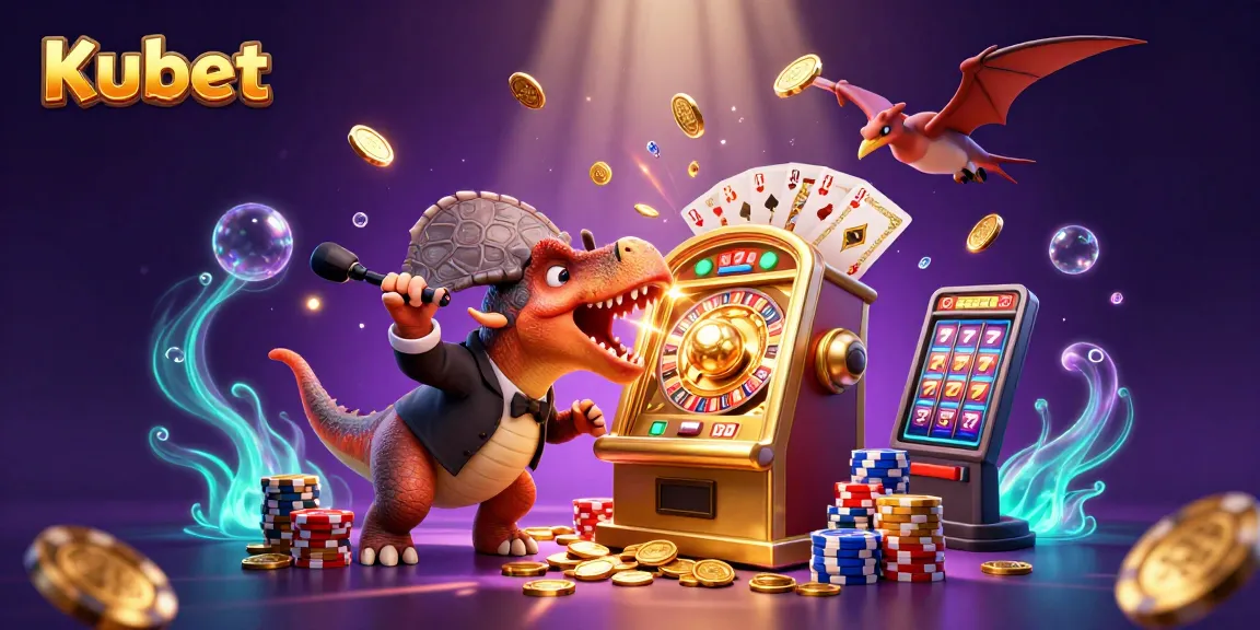 Kubet casino illustration featuring a cartoon dinosaur celebrating a slot machine jackpot surrounded by gold coins.