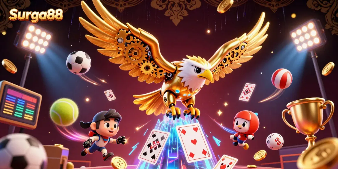 Engage with Surga88's thrilling gaming experience featuring a cybernetic eagle amidst dynamic sports betting elements.