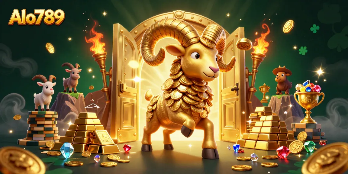 Alo789 welcomes players to an exhilarating gaming experience featuring animated golden ram and treasures.