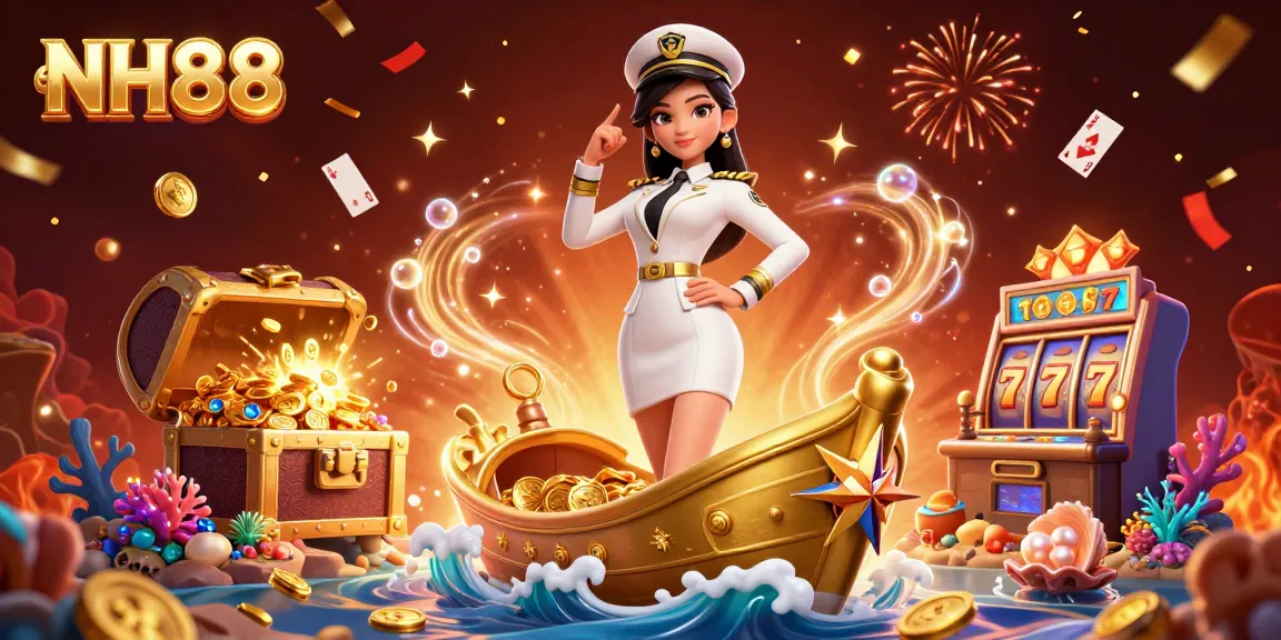 Engage with NH88's thrilling gaming experience, featuring an elegant Asian woman amidst floating slot machines and gold coins.