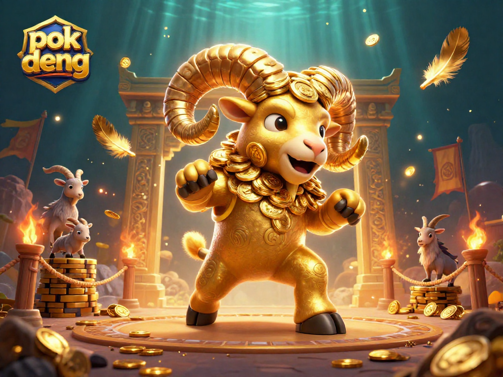 Experience the thrill of pok deng in a dynamic 3D casino illustration with golden ram and epic battles.