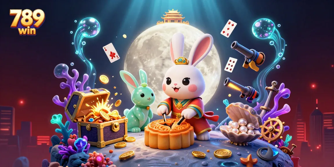 Experience the thrill of winning with 789 win poker chips inside golden mooncakes, enhanced by vibrant casino graphics.