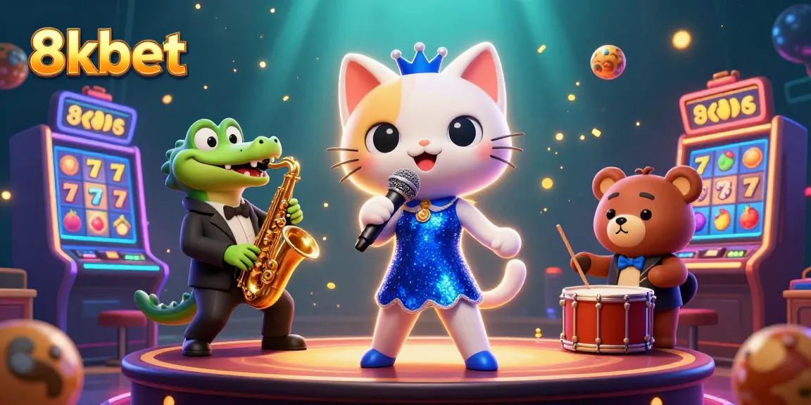 Experience the excitement of 8kbet with a vibrant casino scene featuring dynamic characters and slot games.