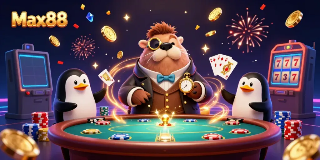 Experience vibrant gambling actions at Max88 with a playful walrus and exciting casino elements.