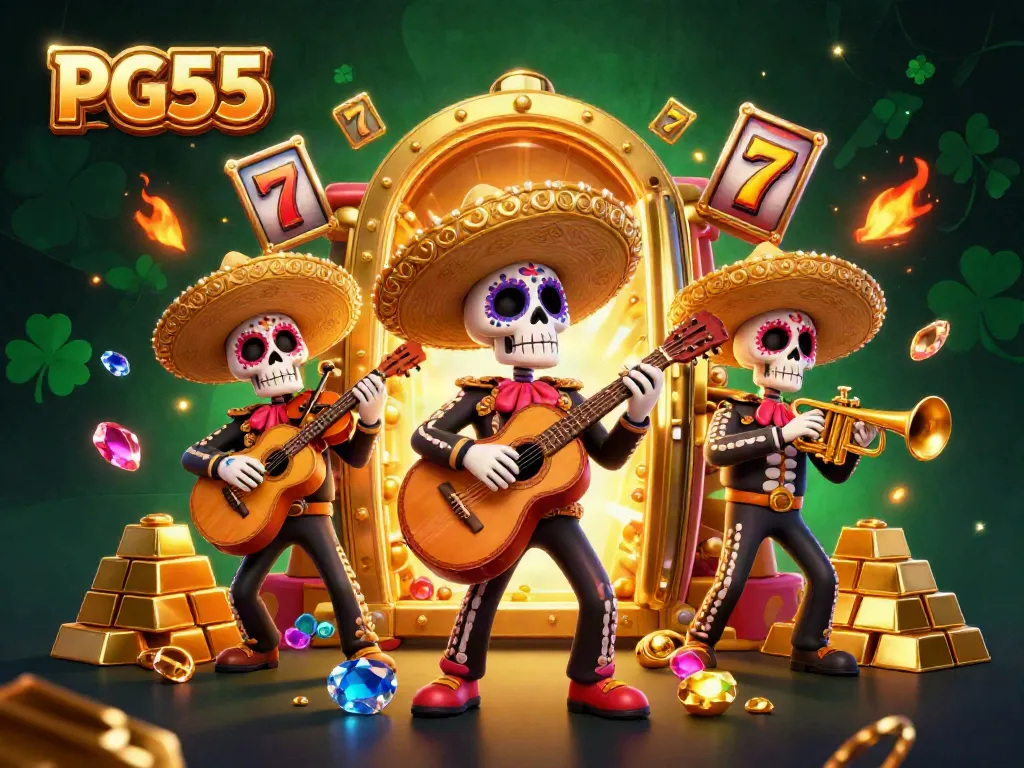 Experience the excitement of PG55 as a mariachi band plays amidst dazzling casino rewards and treasures.