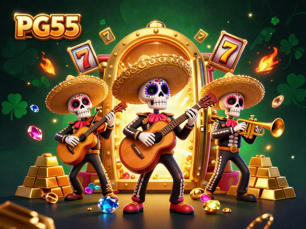 Experience the excitement of PG55 as a mariachi band plays amidst dazzling casino rewards and treasures.