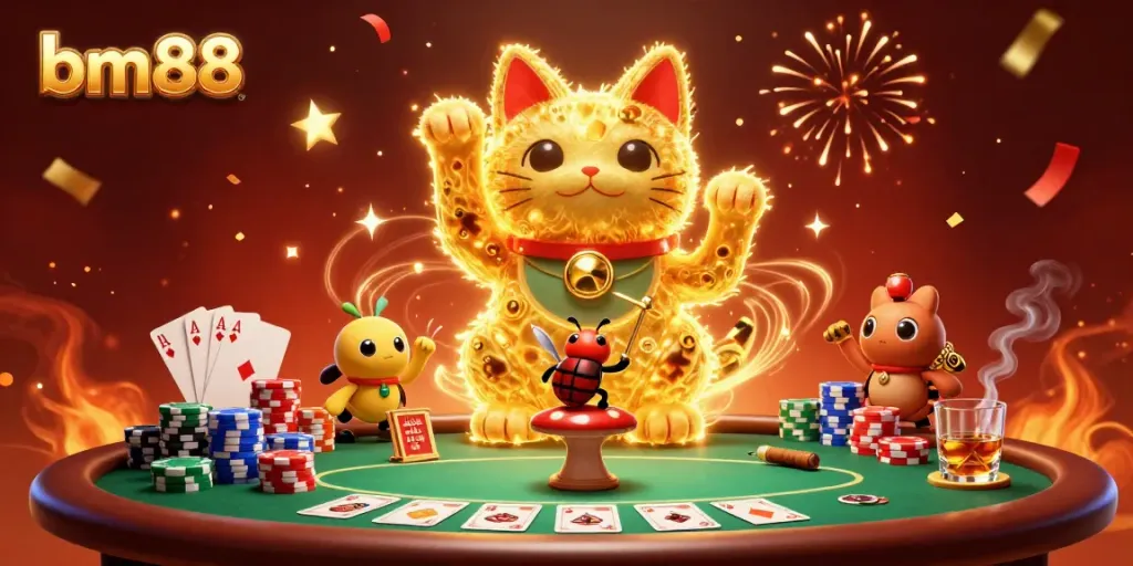 Experience the excitement of bm88 with a vibrant scene of golden fireflies forming a lucky cat amidst casino thrills.