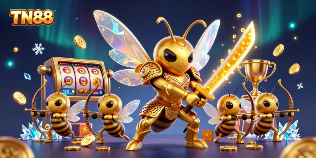 Engage in vibrant TN88 gaming excitement with a golden hornet samurai in a rich, dynamic casino scene.