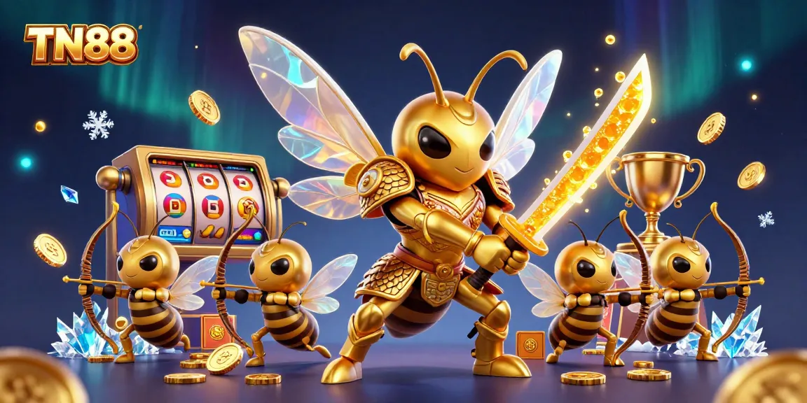 Engage in vibrant TN88 gaming excitement with a golden hornet samurai in a rich, dynamic casino scene.
