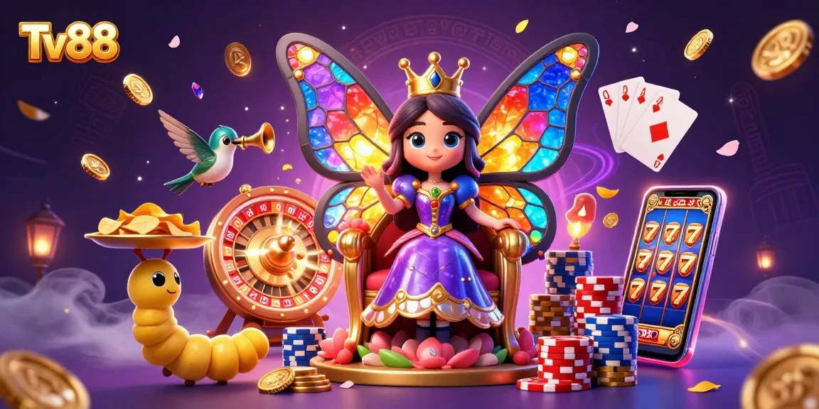 Engage with a festive casino scene at Tv88 featuring a butterfly queen amid golden coins and vibrant gameplay elements.