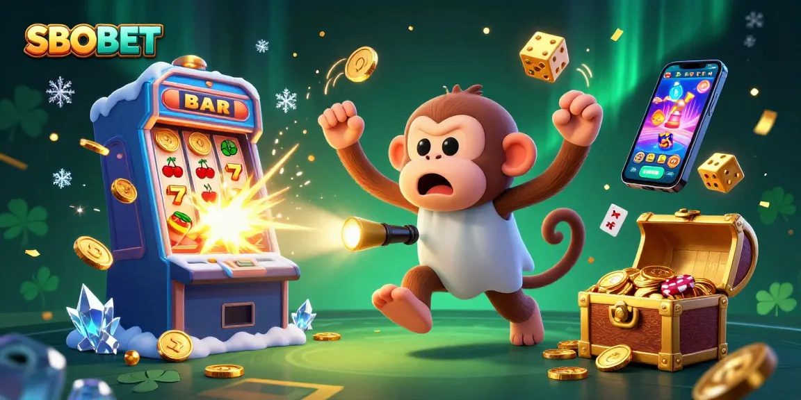 SBOBET engages players with a thrilling scene of a mischievous poltergeist monkey and ghost-hunter puppy in a dynamic casino.