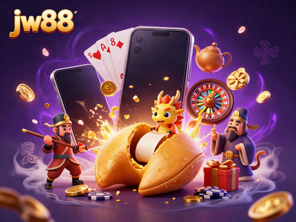 Enjoy thrilling wins at jw88 with a fantastical golden fortune cookie scene featuring adventurous characters.