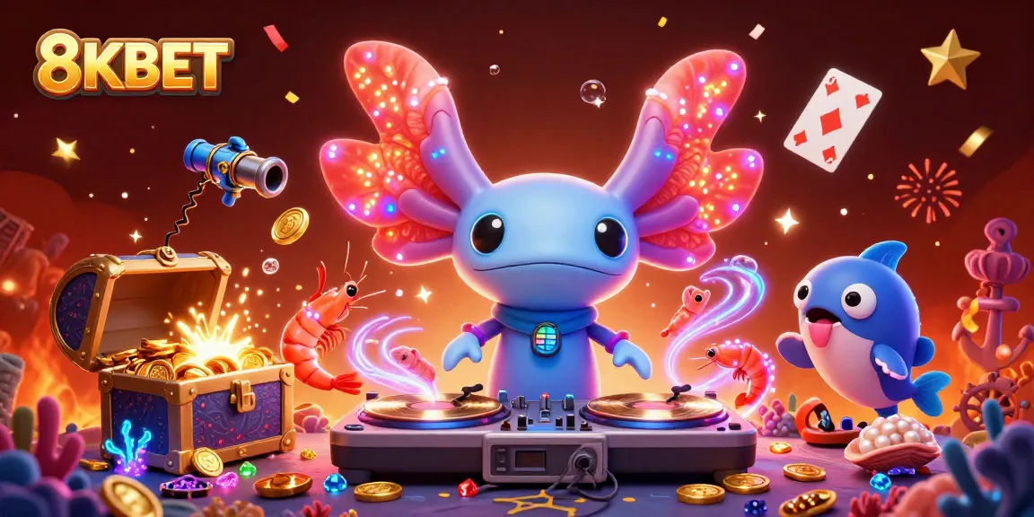Enhance your gaming journey with 8KBET's vibrant underwater casino vibe featuring colorful characters and dynamic game elements.