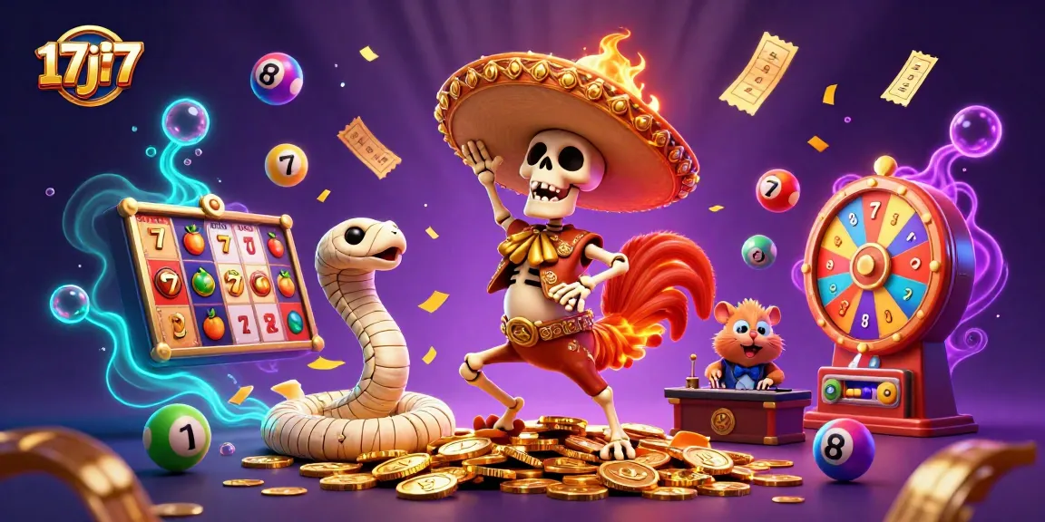 Experience the thrill of winning at 17j77 with lively characters celebrating amid vibrant casino themes.