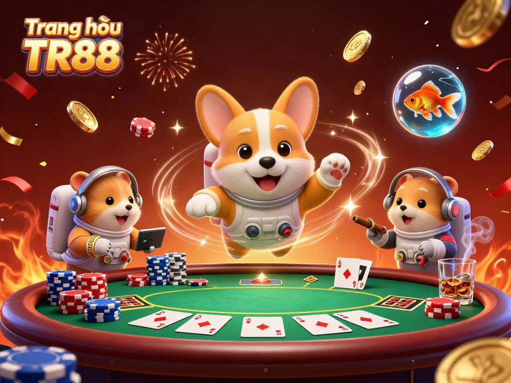 Experience exciting gaming action at Trang chủ TR88 with an astronaut corgi in a dynamic casino space scene.