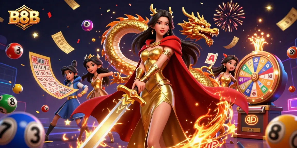 Engage with B8B casino excitement featuring a warrior queen and dynamic lottery elements.