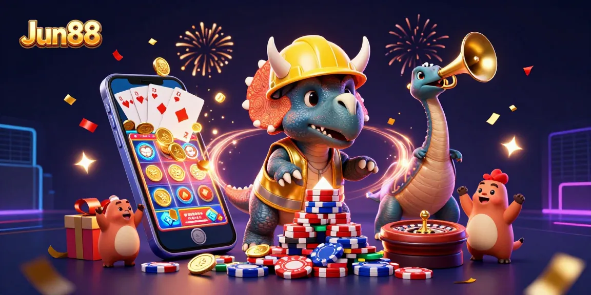 Experience the excitement of Jun88 casino with vibrant characters building poker chip pyramids and celebrating wins.