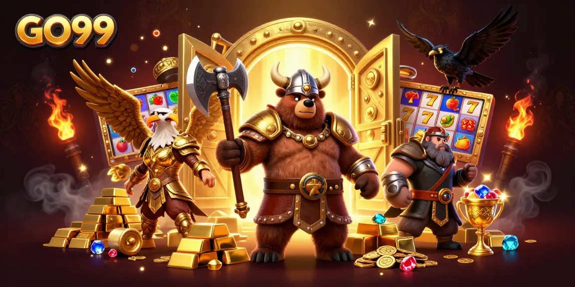 Experience the excitement of GO99 with a Viking berserker bear and treasure in a dynamic slot adventure.