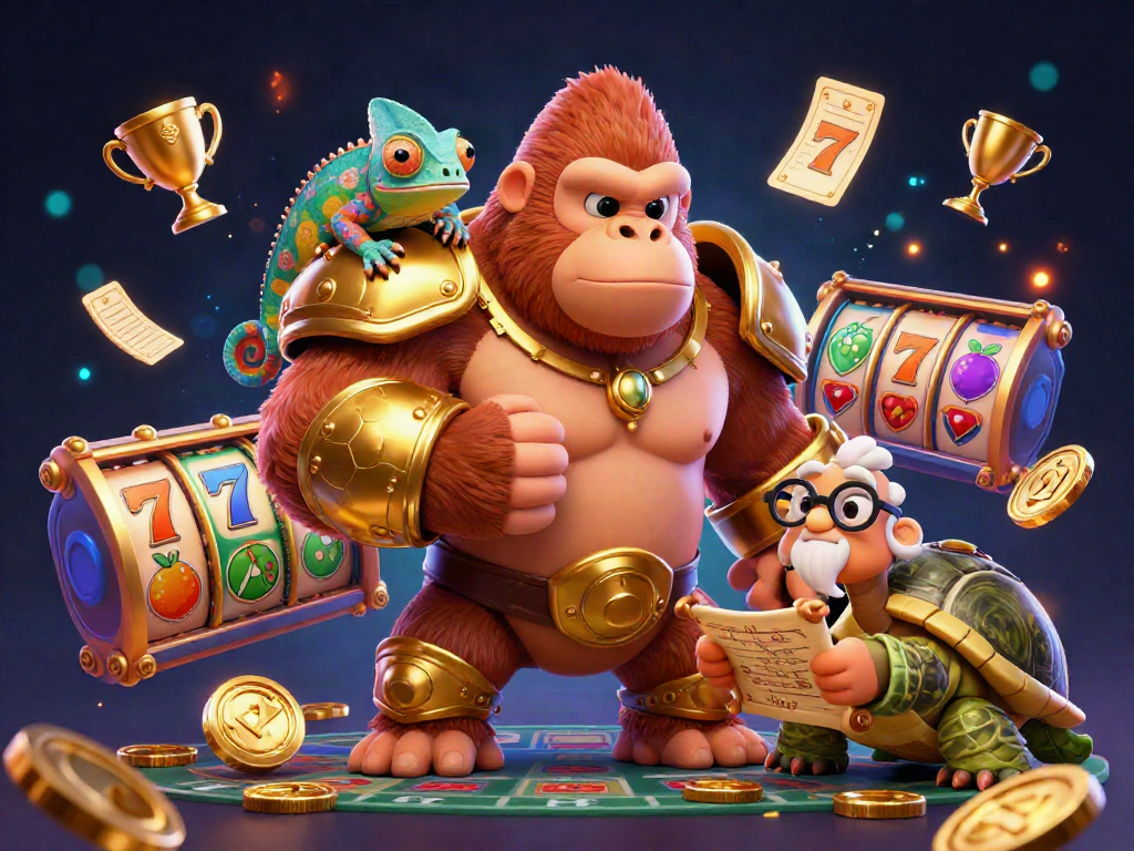 Engage with thrilling slots at hm88top1, featuring a gorilla king, chameleon, and tortoise in an action-packed casino scene.