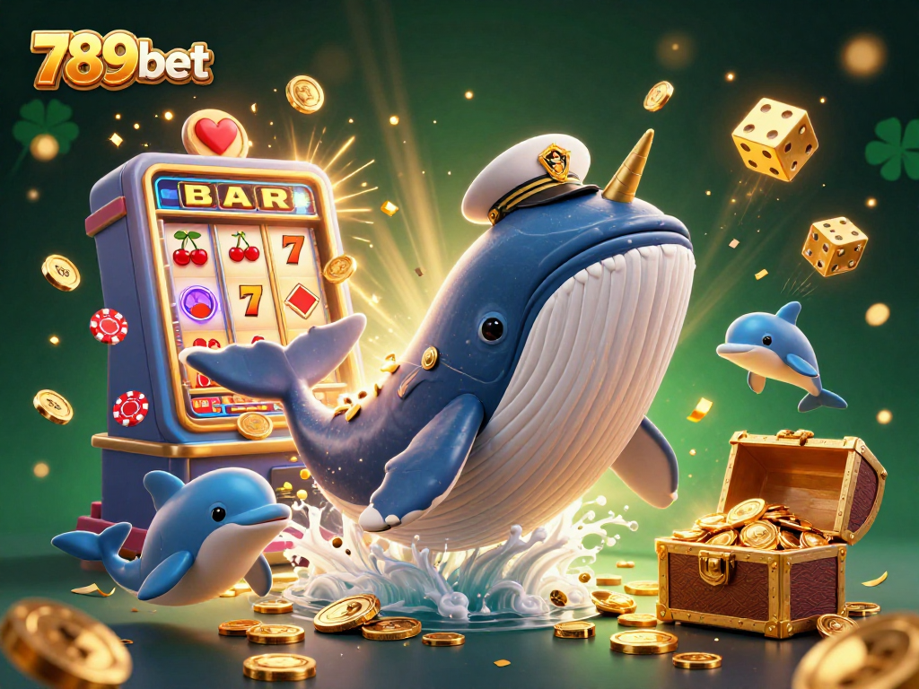 Engage with 789bet's vibrant casino art featuring a whale, narwhal, and playful dolphins around a dynamic gambling scene.