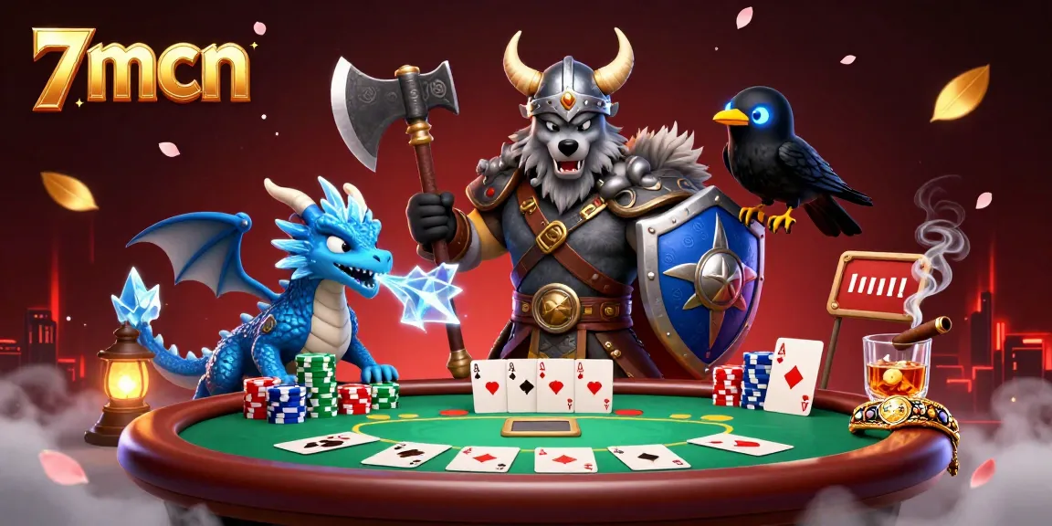 Experience dynamic casino action with 7mcn's Viking warrior, dragon, and poker elements.