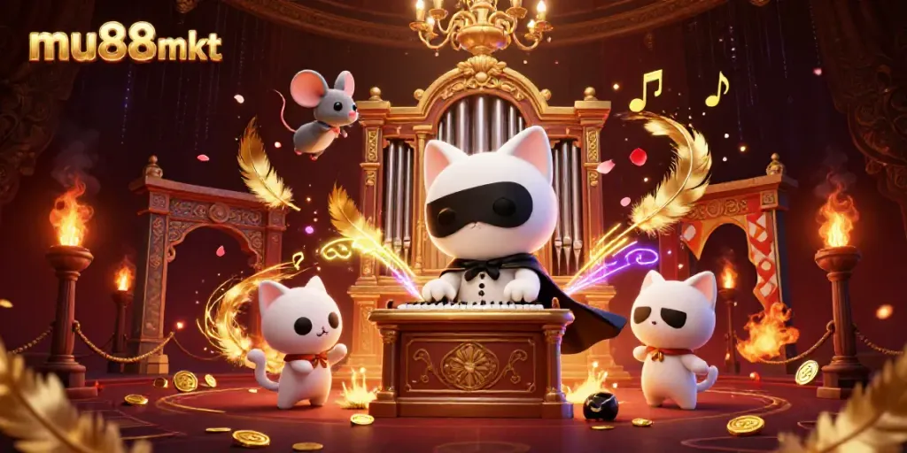 Experience thrilling casino action with mu88mkt, featuring a whimsical cat and mouse duo amidst elegant decor.