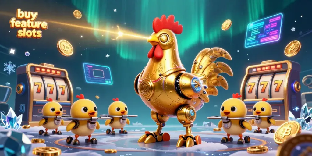 Engage with buy feature slots through vibrant 3D characters, slot reels, and cryptocurrency elements.