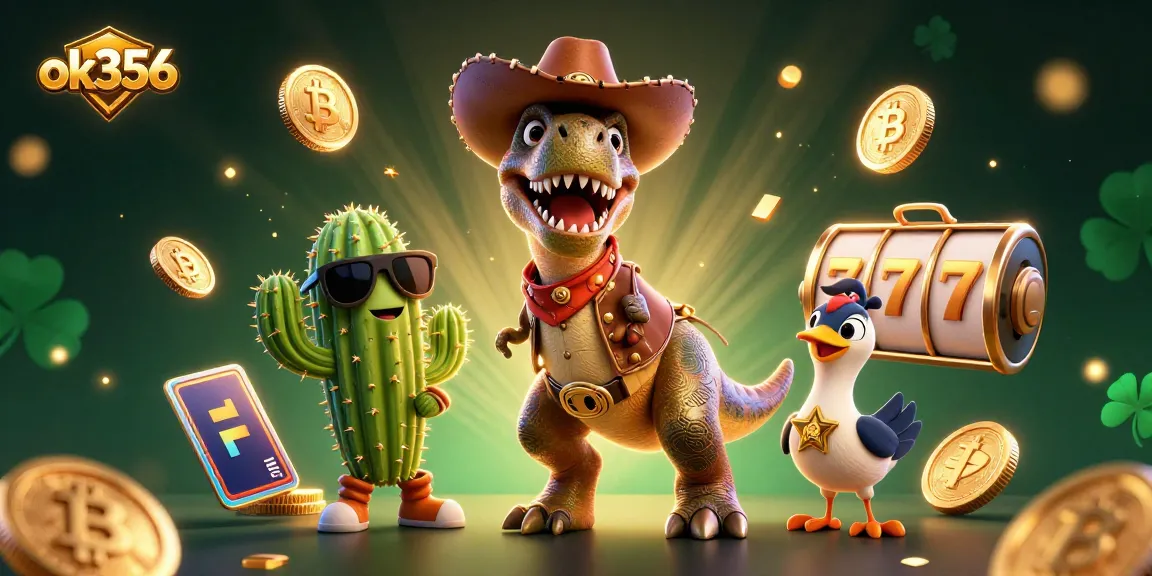 Spin the slots with ok356 featuring a T-Rex cowboy, cactus sidekick, and vibrant casino elements.