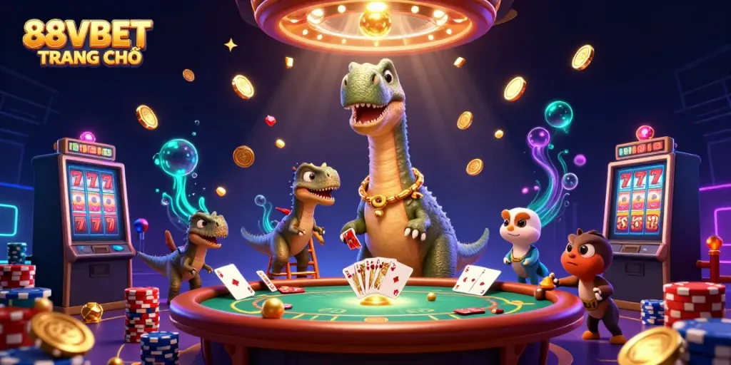 88VBET TRANG CHỦ shines in a vibrant 3D casino scene featuring a giant brontosaurus and clever raptor dealing cards, surrounded by sparkling gems and coins.